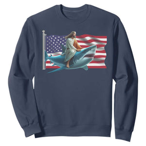 Funny Jesus Shark Sweatshirt Christian Patriotic American Flag Meme TS14 Navy Print Your Wear
