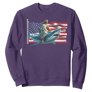 Funny Jesus Shark Sweatshirt Christian Patriotic American Flag Meme TS14 Purple Print Your Wear