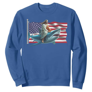 Funny Jesus Shark Sweatshirt Christian Patriotic American Flag Meme TS14 Royal Blue Print Your Wear