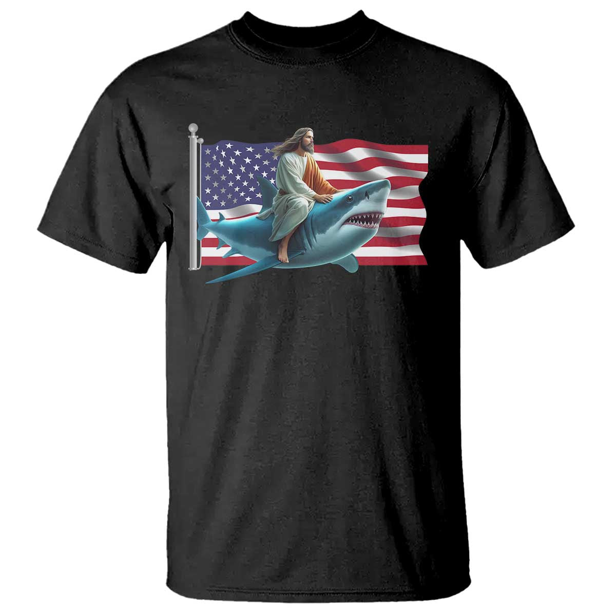 Funny Jesus Shark T Shirt Christian Patriotic American Flag Meme TS14 Black Print Your Wear