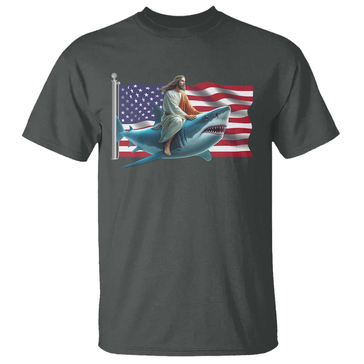 Funny Jesus Shark T Shirt Christian Patriotic American Flag Meme TS14 Dark Heather Print Your Wear