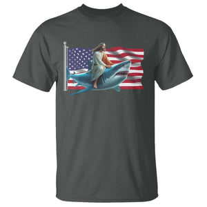 Funny Jesus Shark T Shirt Christian Patriotic American Flag Meme TS14 Dark Heather Print Your Wear