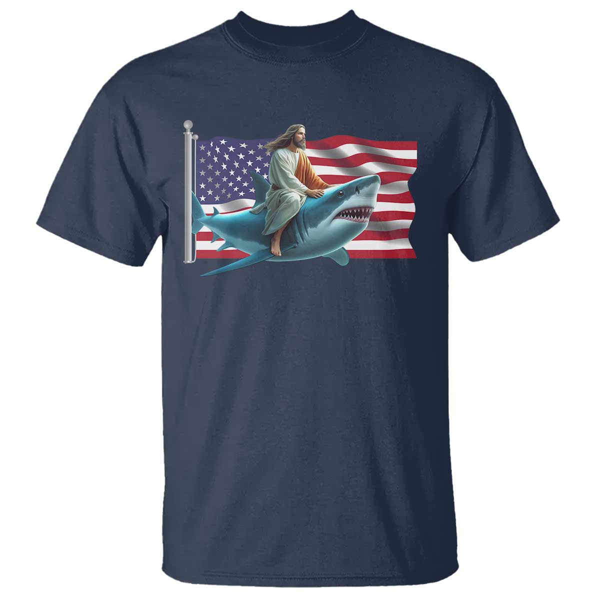 Funny Jesus Shark T Shirt Christian Patriotic American Flag Meme TS14 Navy Print Your Wear