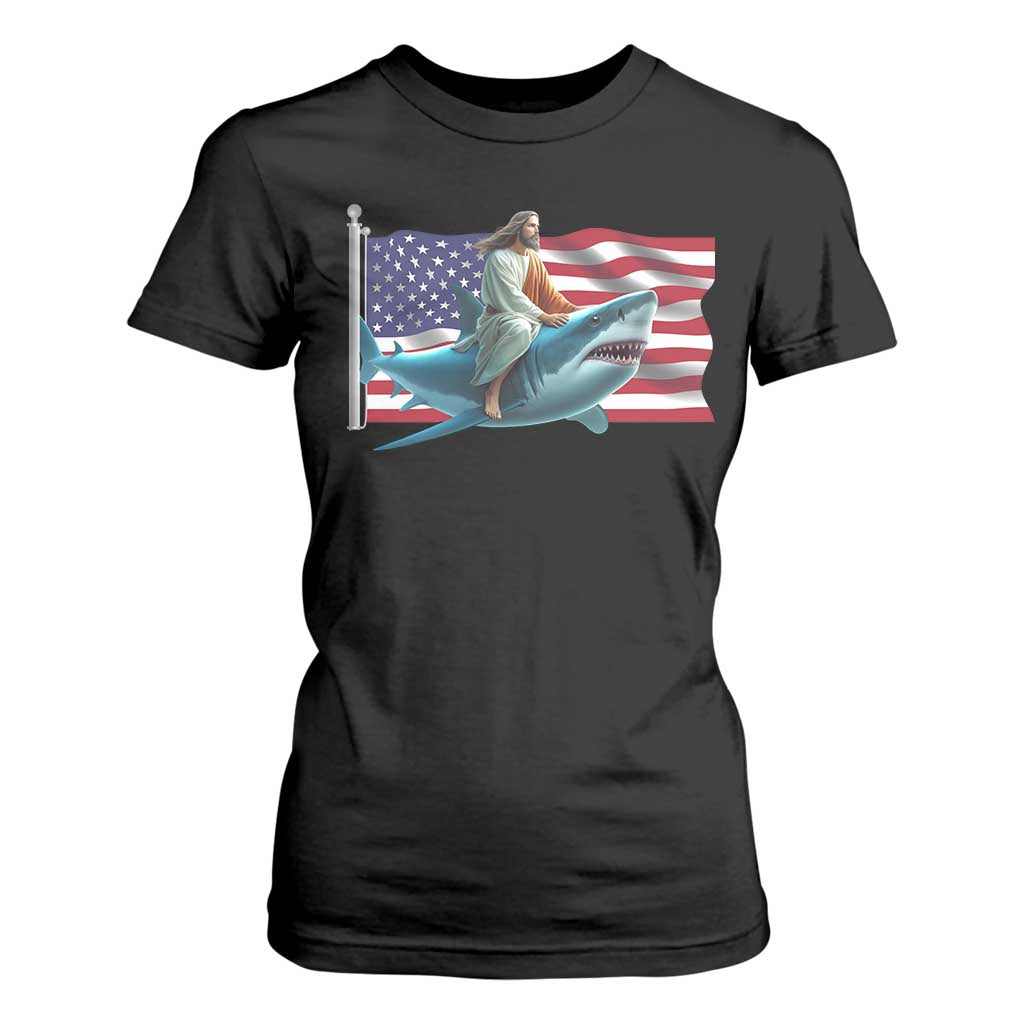 Funny Jesus Shark T Shirt For Women Christian Patriotic American Flag Meme TS14 Black Print Your Wear