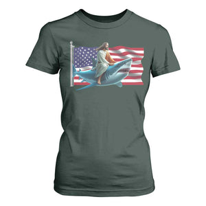 Funny Jesus Shark T Shirt For Women Christian Patriotic American Flag Meme TS14 Dark Forest Green Print Your Wear