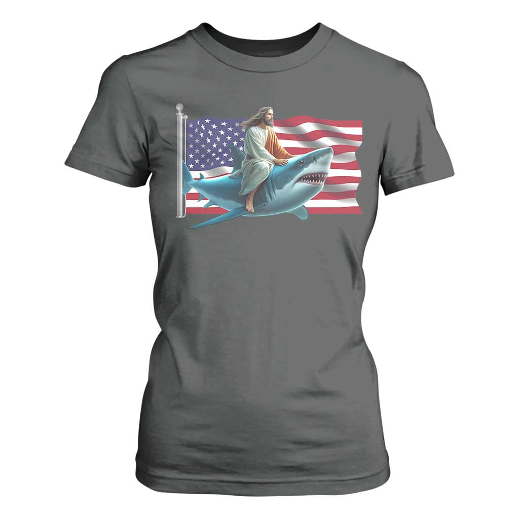 Funny Jesus Shark T Shirt For Women Christian Patriotic American Flag Meme TS14 Dark Heather Print Your Wear