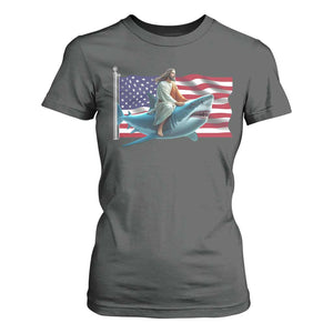Funny Jesus Shark T Shirt For Women Christian Patriotic American Flag Meme TS14 Dark Heather Print Your Wear