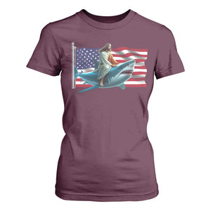 Funny Jesus Shark T Shirt For Women Christian Patriotic American Flag Meme TS14 Maroon Print Your Wear