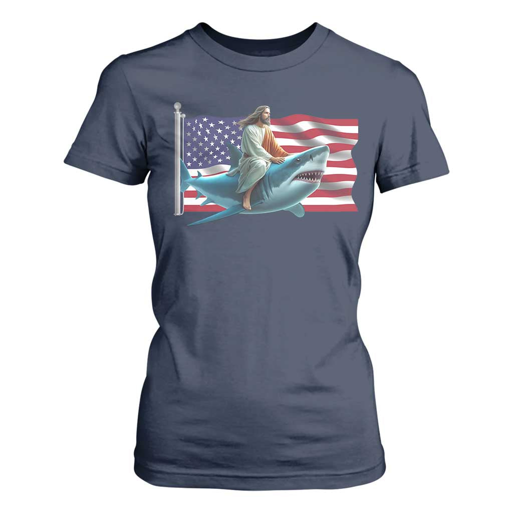 Funny Jesus Shark T Shirt For Women Christian Patriotic American Flag Meme TS14 Navy Print Your Wear