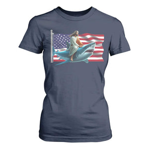 Funny Jesus Shark T Shirt For Women Christian Patriotic American Flag Meme TS14 Navy Print Your Wear