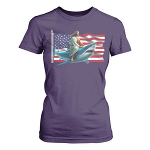 Funny Jesus Shark T Shirt For Women Christian Patriotic American Flag Meme TS14 Purple Print Your Wear