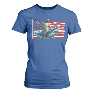 Funny Jesus Shark T Shirt For Women Christian Patriotic American Flag Meme TS14 Royal Blue Print Your Wear