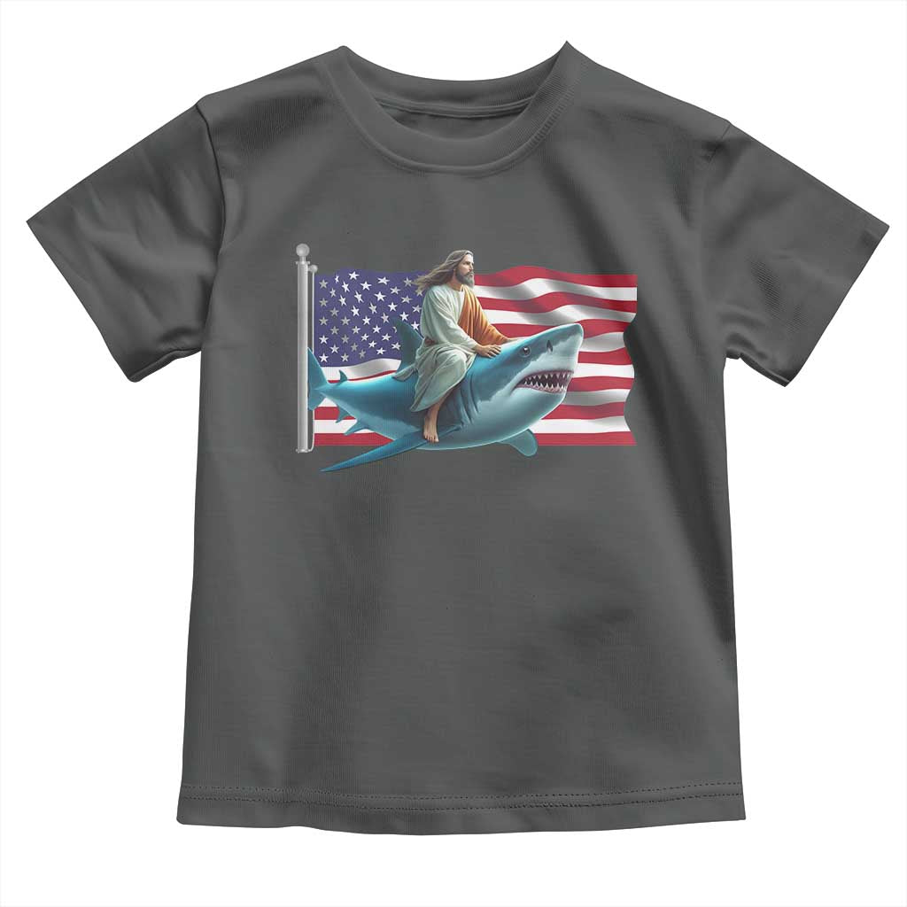 Funny Jesus Shark Toddler T Shirt Christian Patriotic American Flag Meme TS14 Dark Heather Print Your Wear