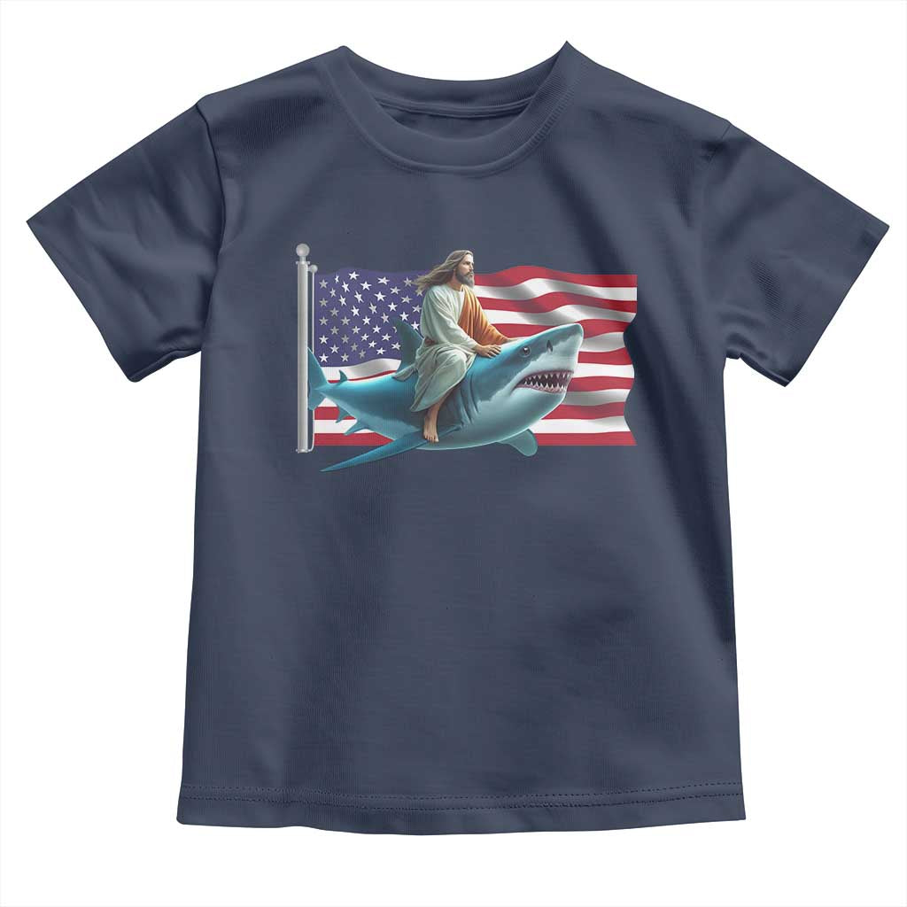 Funny Jesus Shark Toddler T Shirt Christian Patriotic American Flag Meme TS14 Navy Print Your Wear