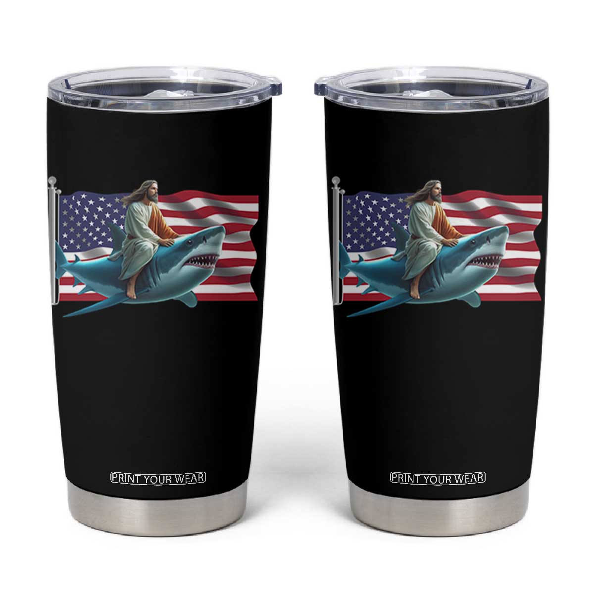 Funny Jesus Shark Tumbler Cup Christian Patriotic American Flag Meme TS14 Black Print Your Wear