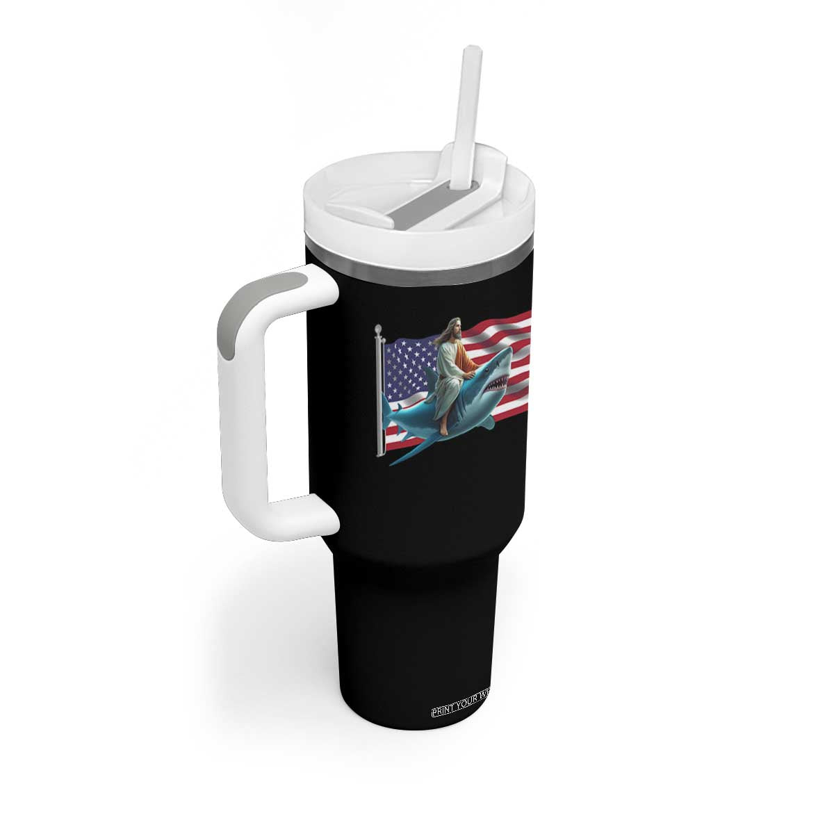 Funny Jesus Shark Tumbler With Handle Christian Patriotic American Flag Meme TS14 Print Your Wear