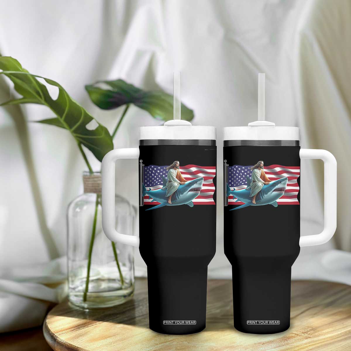Funny Jesus Shark Tumbler With Handle Christian Patriotic American Flag Meme TS14 Print Your Wear