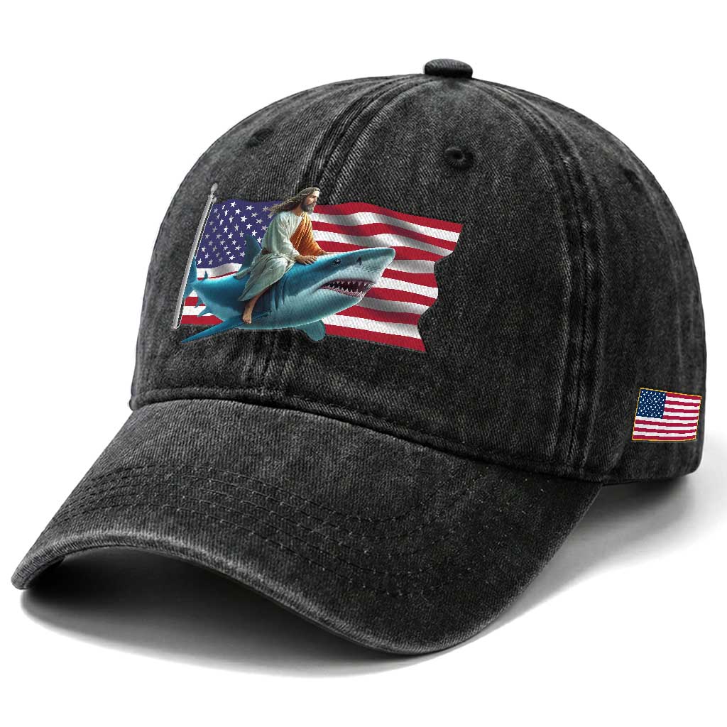 Funny Jesus Shark Washed Cotton Baseball Cap Christian Patriotic American Flag Meme TS14 Print Your Wear
