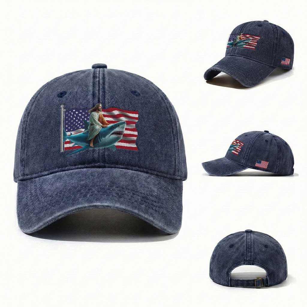 Funny Jesus Shark Washed Cotton Baseball Cap Christian Patriotic American Flag Meme TS14 Washed Cap Universal Fit Navy Print Your Wear