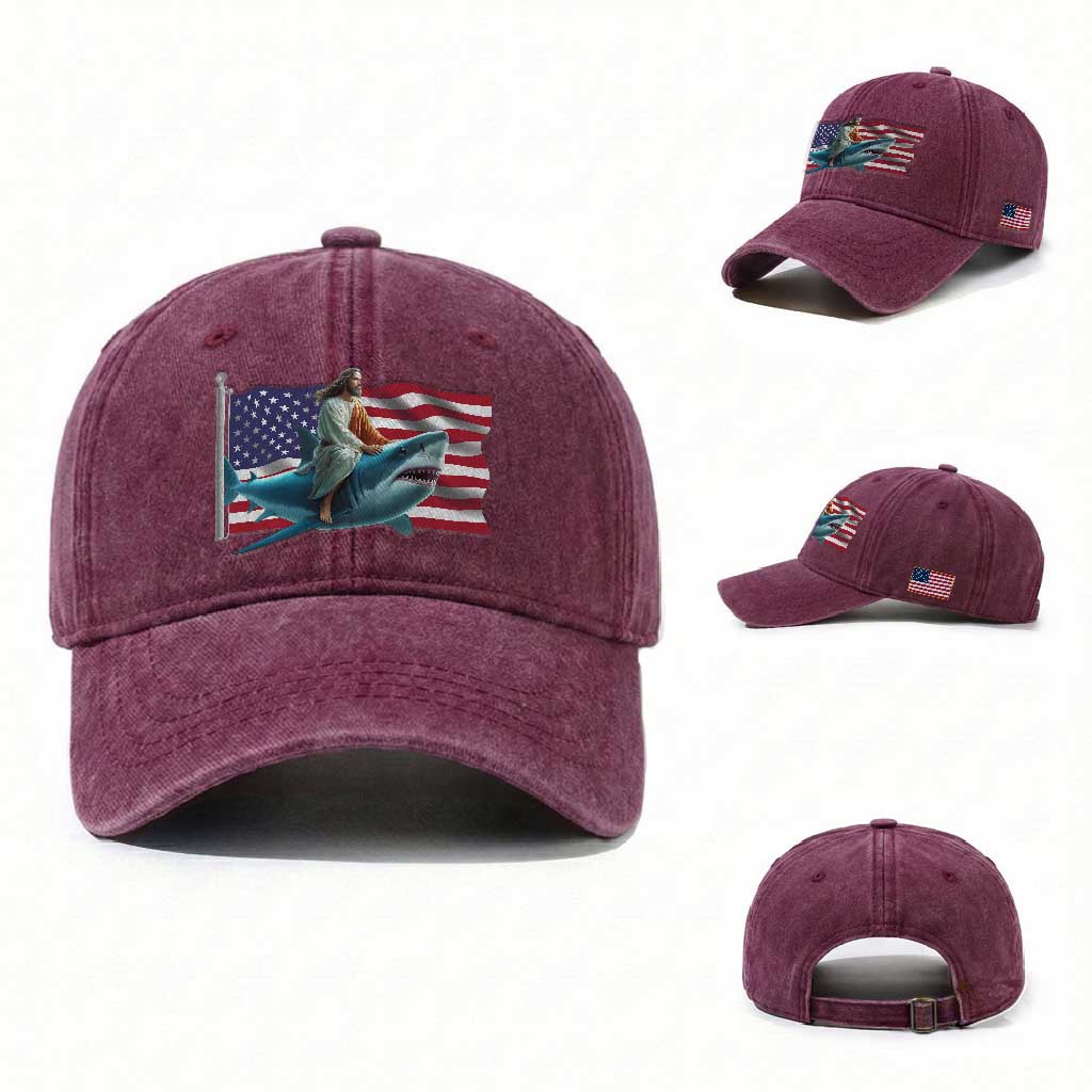 Funny Jesus Shark Washed Cotton Baseball Cap Christian Patriotic American Flag Meme TS14 Washed Cap Universal Fit Burgundy Print Your Wear