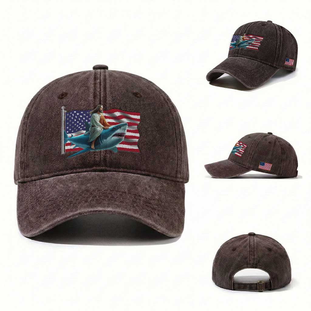 Funny Jesus Shark Washed Cotton Baseball Cap Christian Patriotic American Flag Meme TS14 Washed Cap Universal Fit Dark Brown Print Your Wear