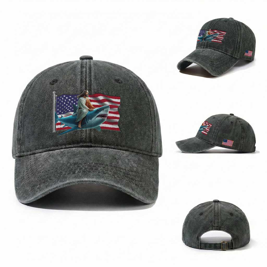 Funny Jesus Shark Washed Cotton Baseball Cap Christian Patriotic American Flag Meme TS14 Washed Cap Universal Fit Dark Green Print Your Wear