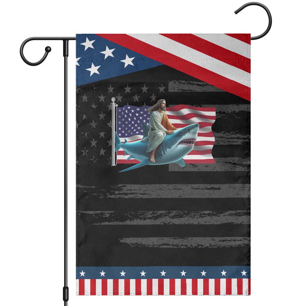 Funny Jesus Shark Garden Flag Christian Patriotic American Flag Meme TS14 Distressed Black Blue Print Your Wear
