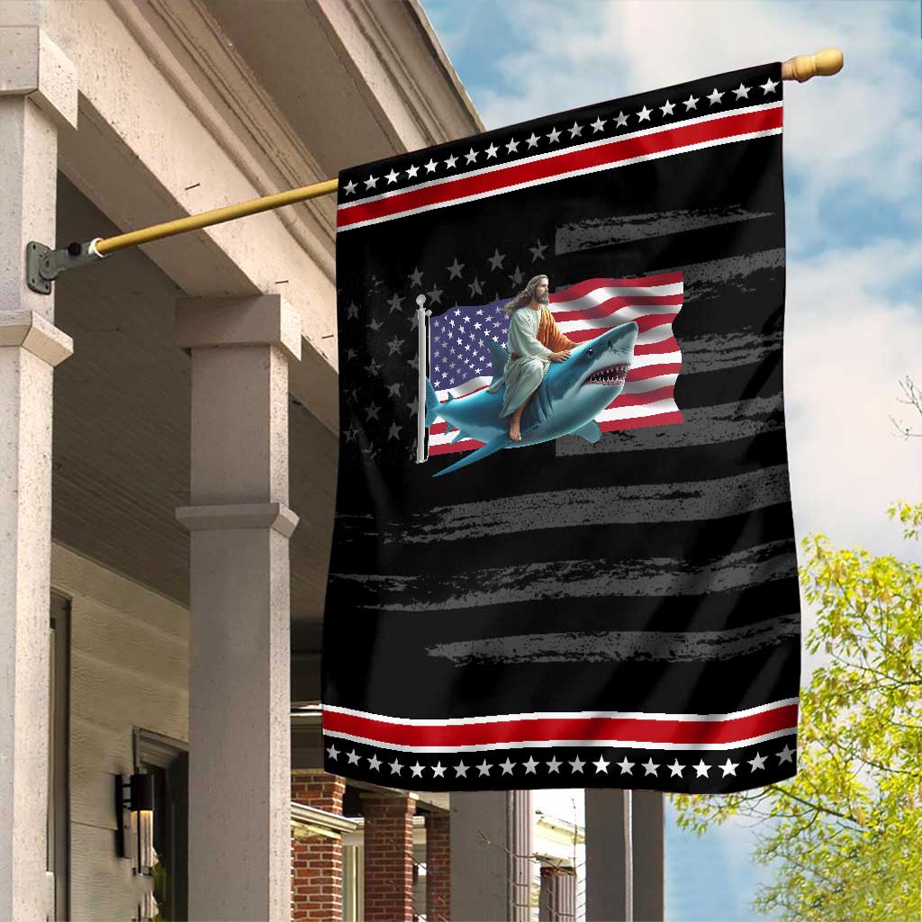 Funny Jesus Shark Garden Flag Christian Patriotic American Flag Meme TS14 Distressed Black Red Print Your Wear
