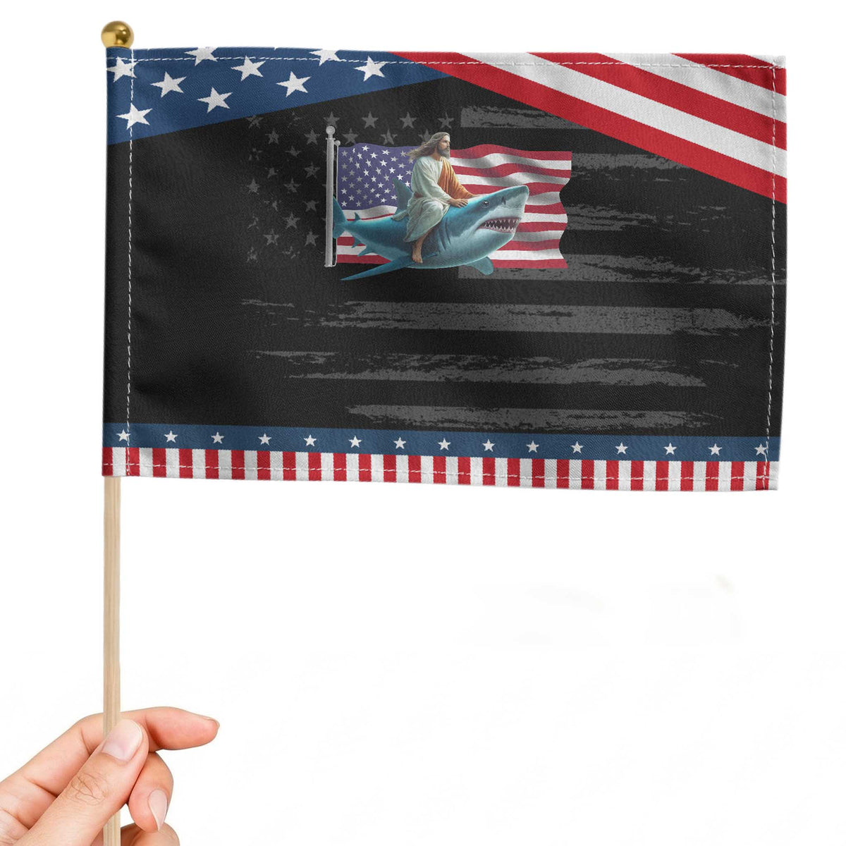 Christian US USA Flag American Patriotic Handheld Flag Jesus Riding Whale Ocean TS14 Distressed 8.2
