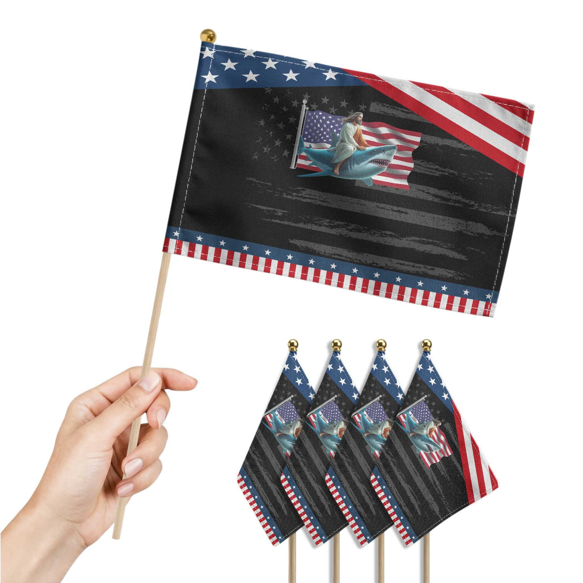 Christian US USA Flag American Patriotic Handheld Flag Jesus Riding Whale Ocean TS14 Print Your Wear