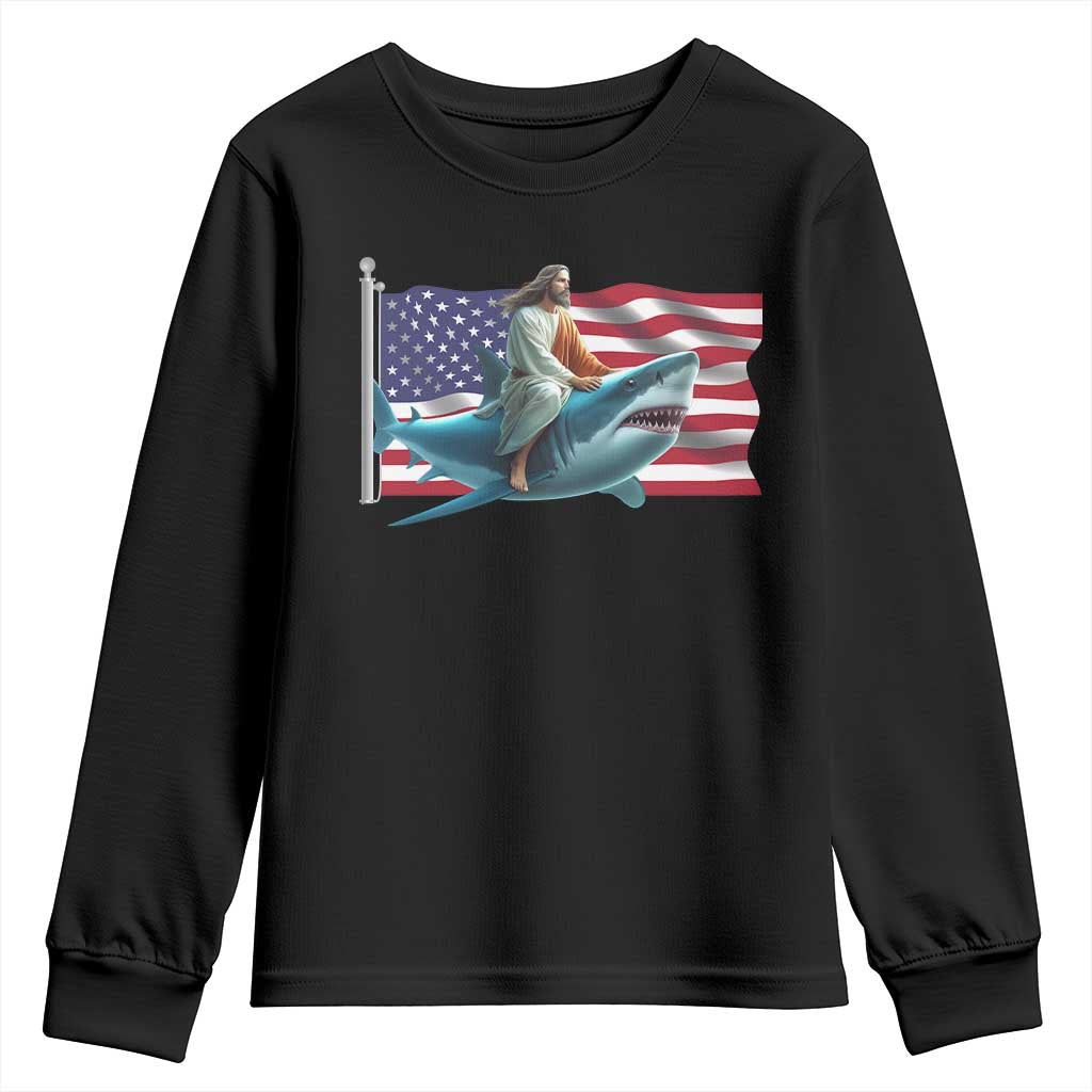 Funny Jesus Shark Youth Sweatshirt Christian Patriotic American Flag Meme TS14 Black Print Your Wear