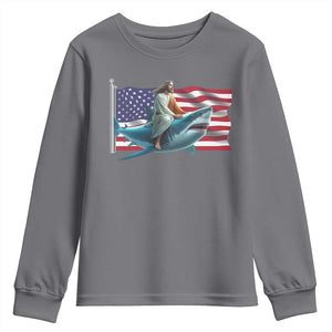 Funny Jesus Shark Youth Sweatshirt Christian Patriotic American Flag Meme TS14 Charcoal Print Your Wear