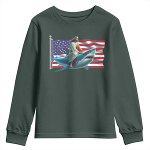Funny Jesus Shark Youth Sweatshirt Christian Patriotic American Flag Meme TS14 Dark Forest Green Print Your Wear