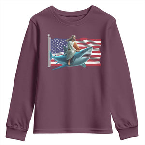 Funny Jesus Shark Youth Sweatshirt Christian Patriotic American Flag Meme TS14 Maroon Print Your Wear