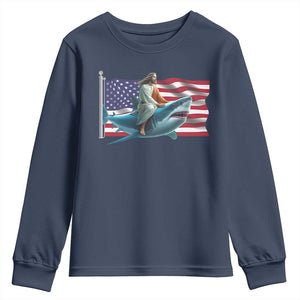 Funny Jesus Shark Youth Sweatshirt Christian Patriotic American Flag Meme TS14 Navy Print Your Wear