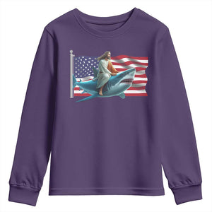 Funny Jesus Shark Youth Sweatshirt Christian Patriotic American Flag Meme TS14 Purple Print Your Wear