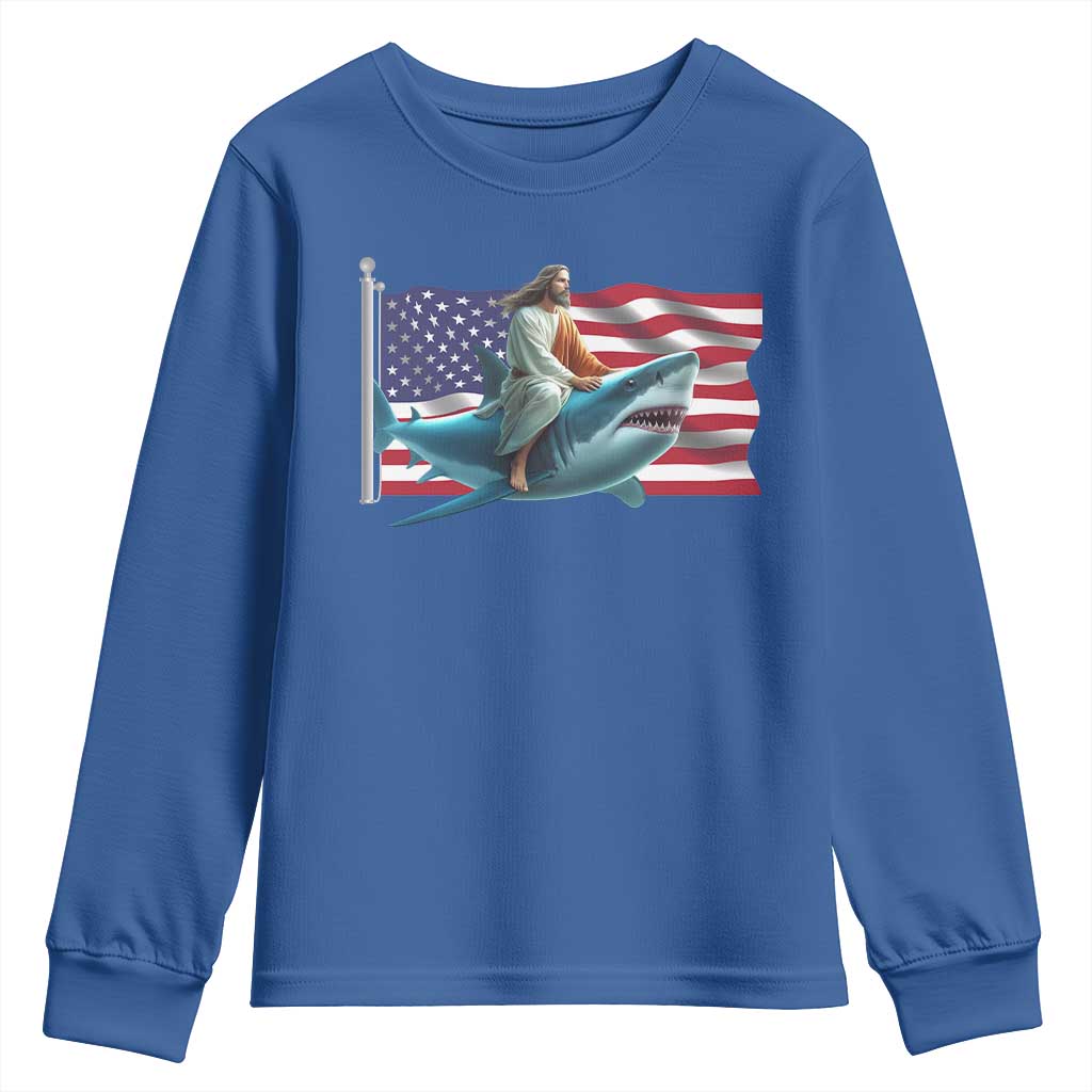Funny Jesus Shark Youth Sweatshirt Christian Patriotic American Flag Meme TS14 Royal Blue Print Your Wear