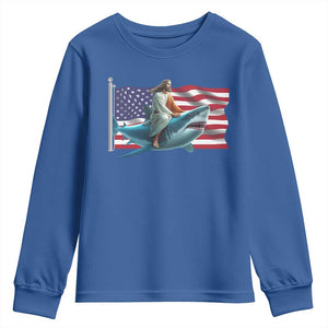 Funny Jesus Shark Youth Sweatshirt Christian Patriotic American Flag Meme TS14 Royal Blue Print Your Wear