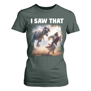 Funny Jesus Dinosaur T Shirt For Women I Saw That Christan Meme TS14 Dark Forest Green Print Your Wear
