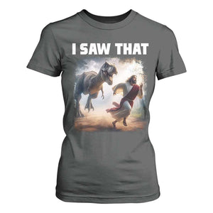 Funny Jesus Dinosaur T Shirt For Women I Saw That Christan Meme TS14 Dark Heather Print Your Wear