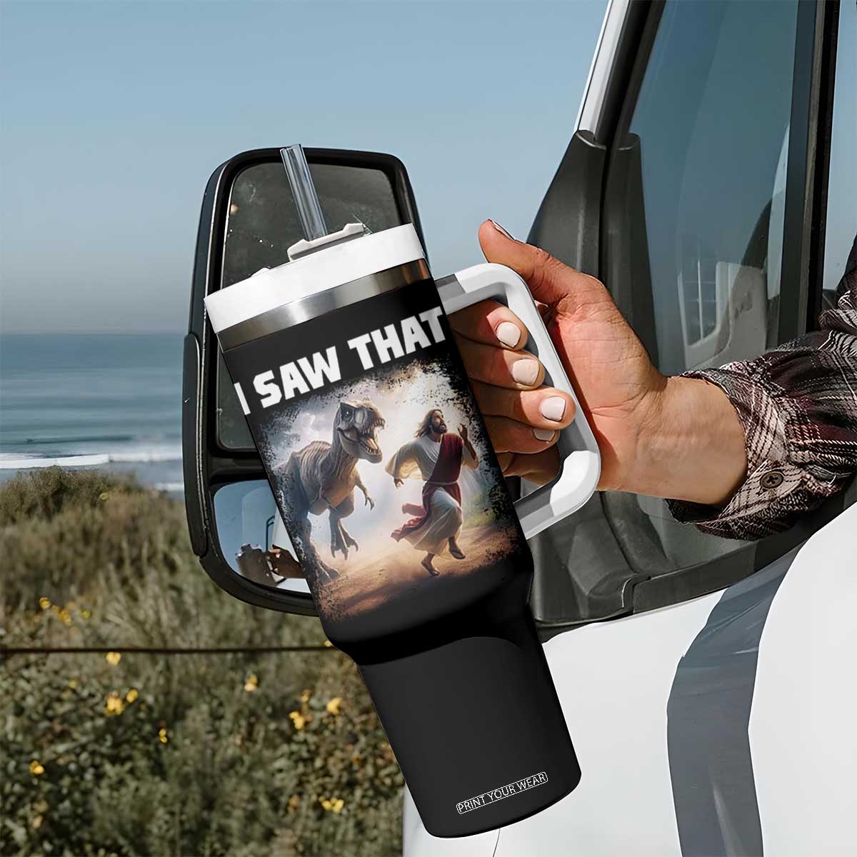 Funny Jesus Dinosaur Tumbler With Handle I Saw That Christan Meme TS14 Print Your Wear