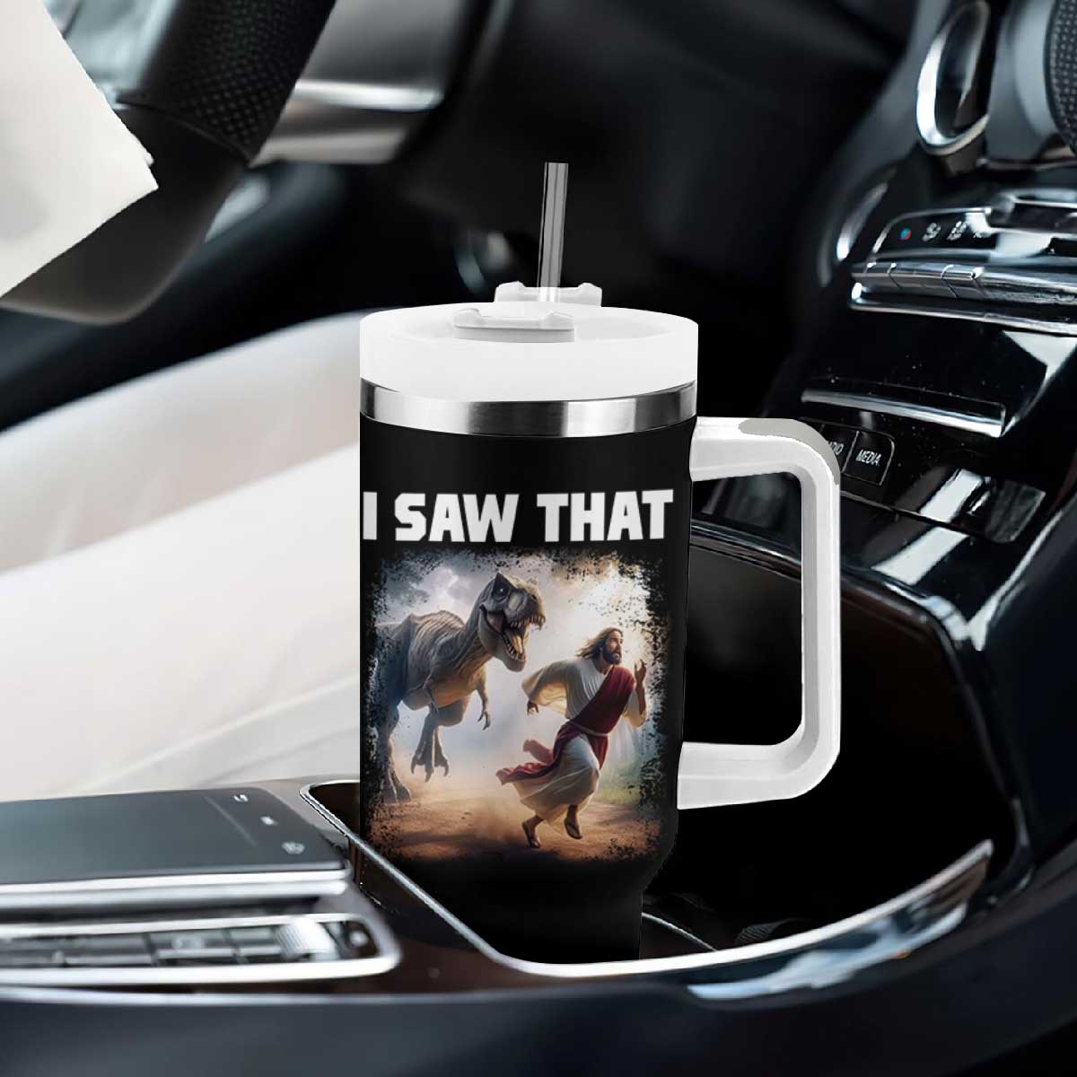 Funny Jesus Dinosaur Tumbler With Handle I Saw That Christan Meme TS14 Print Your Wear