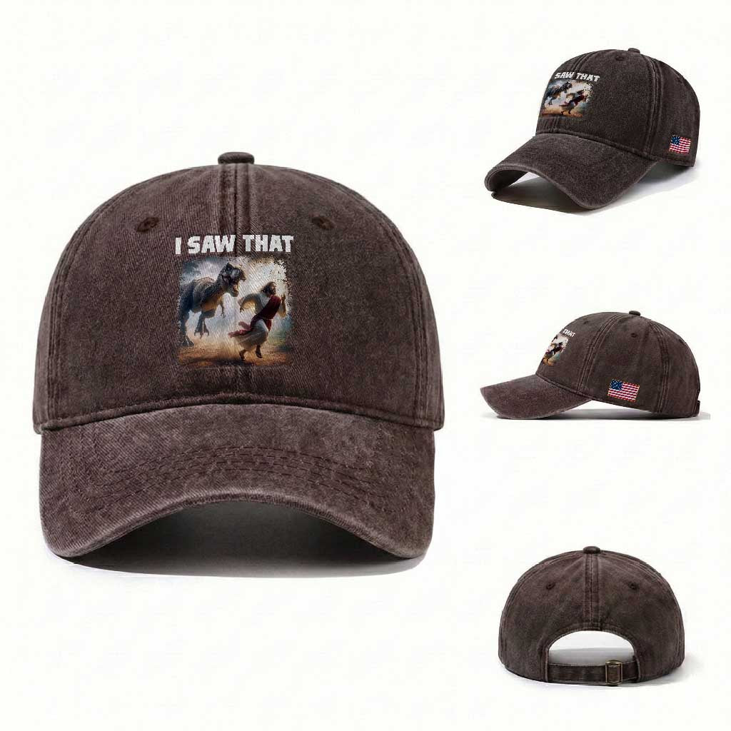 Funny Jesus Dinosaur Washed Cotton Baseball Cap I Saw That Christan Meme TS14 Washed Cap Universal Fit Dark Brown Print Your Wear