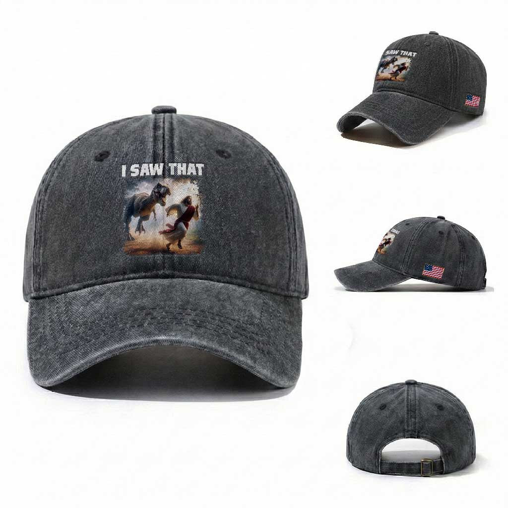 Funny Jesus Dinosaur Washed Cotton Baseball Cap I Saw That Christan Meme TS14 Washed Cap Universal Fit Dark Gray Print Your Wear