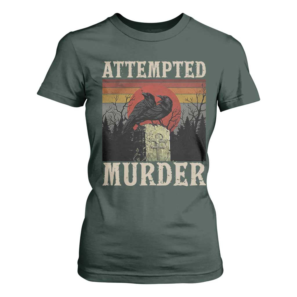Funny Literary T Shirt For Women Attempted Murder Two Crows Bird on Branch TS14 Dark Forest Green Print Your Wear