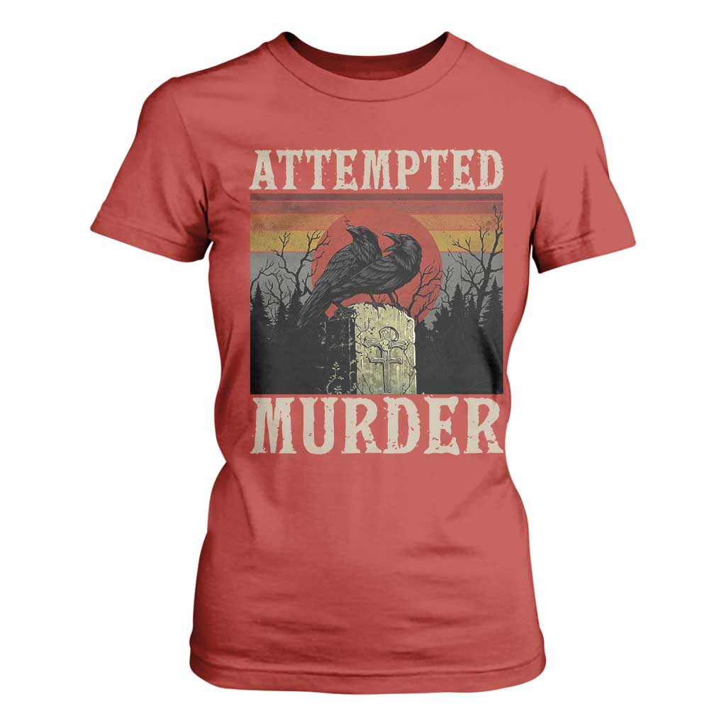 Funny Literary T Shirt For Women Attempted Murder Two Crows Bird on Branch TS14 Red Print Your Wear