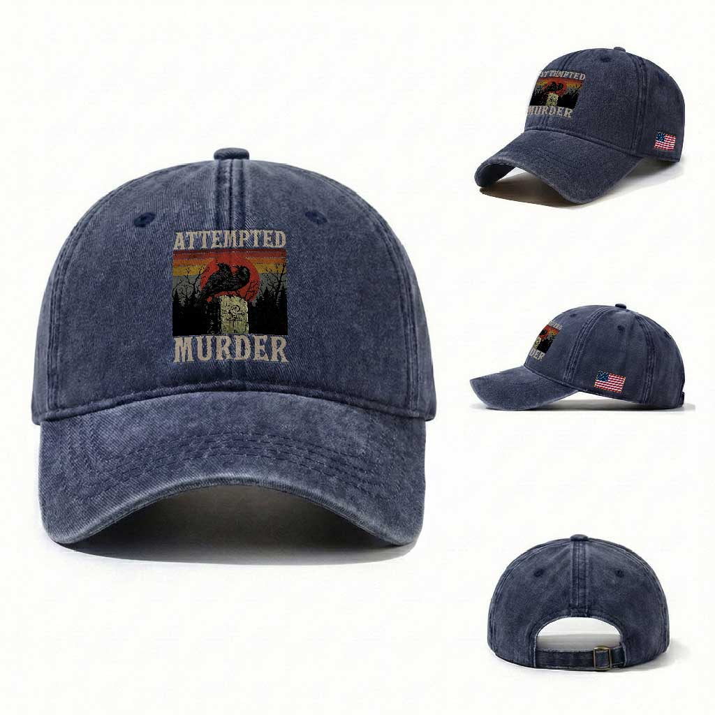 Funny Literary Washed Cotton Baseball Cap Attempted Murder Two Crows Bird on Branch TS14 Washed Cap Universal Fit Navy Print Your Wear