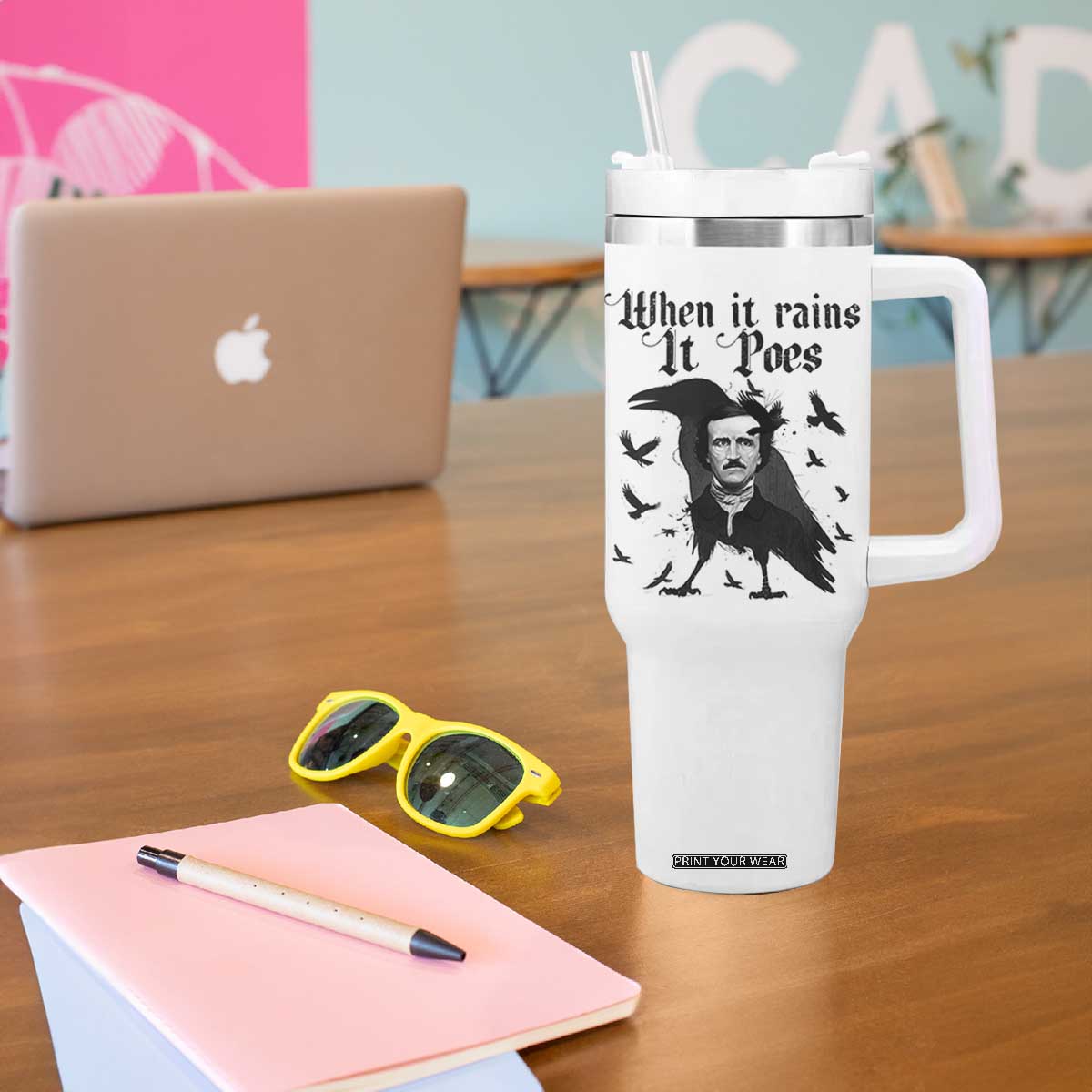 Funny Edgar Allan Poe Tumbler With Handle When It Rains It Poes TS14 Print Your Wear