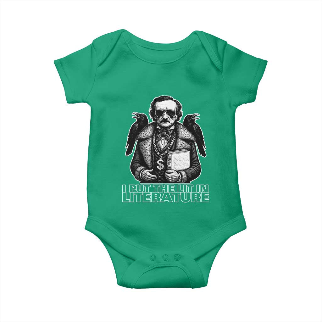 Funny Edgar Allan Poe Baby Onesie I Put The Lit In Literature TS14 Irish Green Print Your Wear