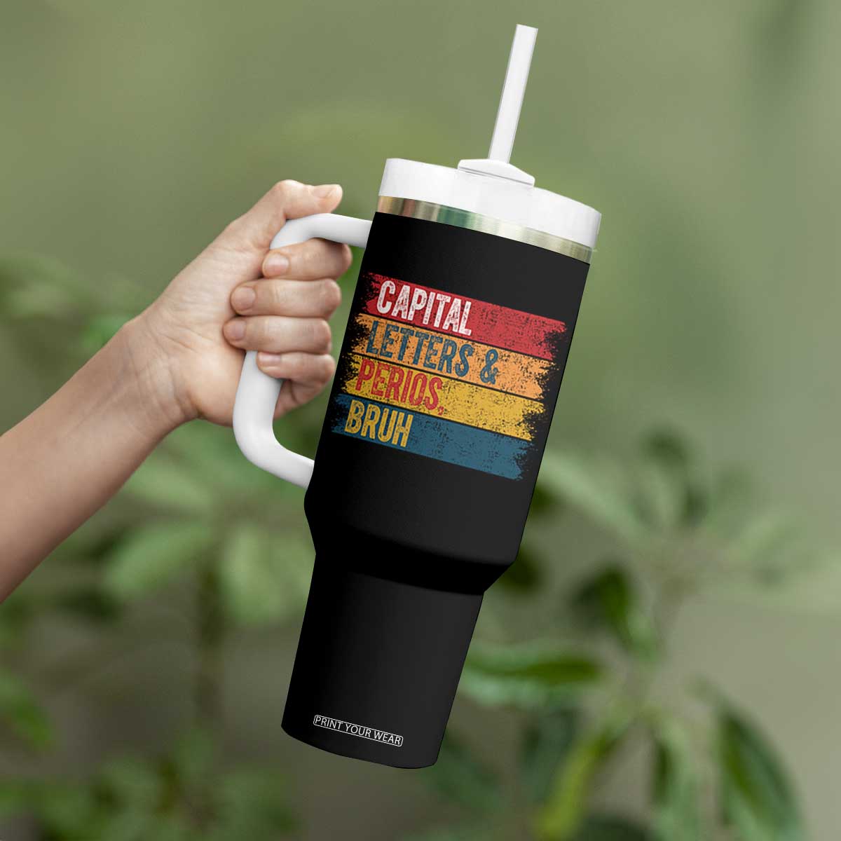 Funny English ELA Teacher Tumbler With Handle Capital Letters And Periods Bruh TS14 Print Your Wear